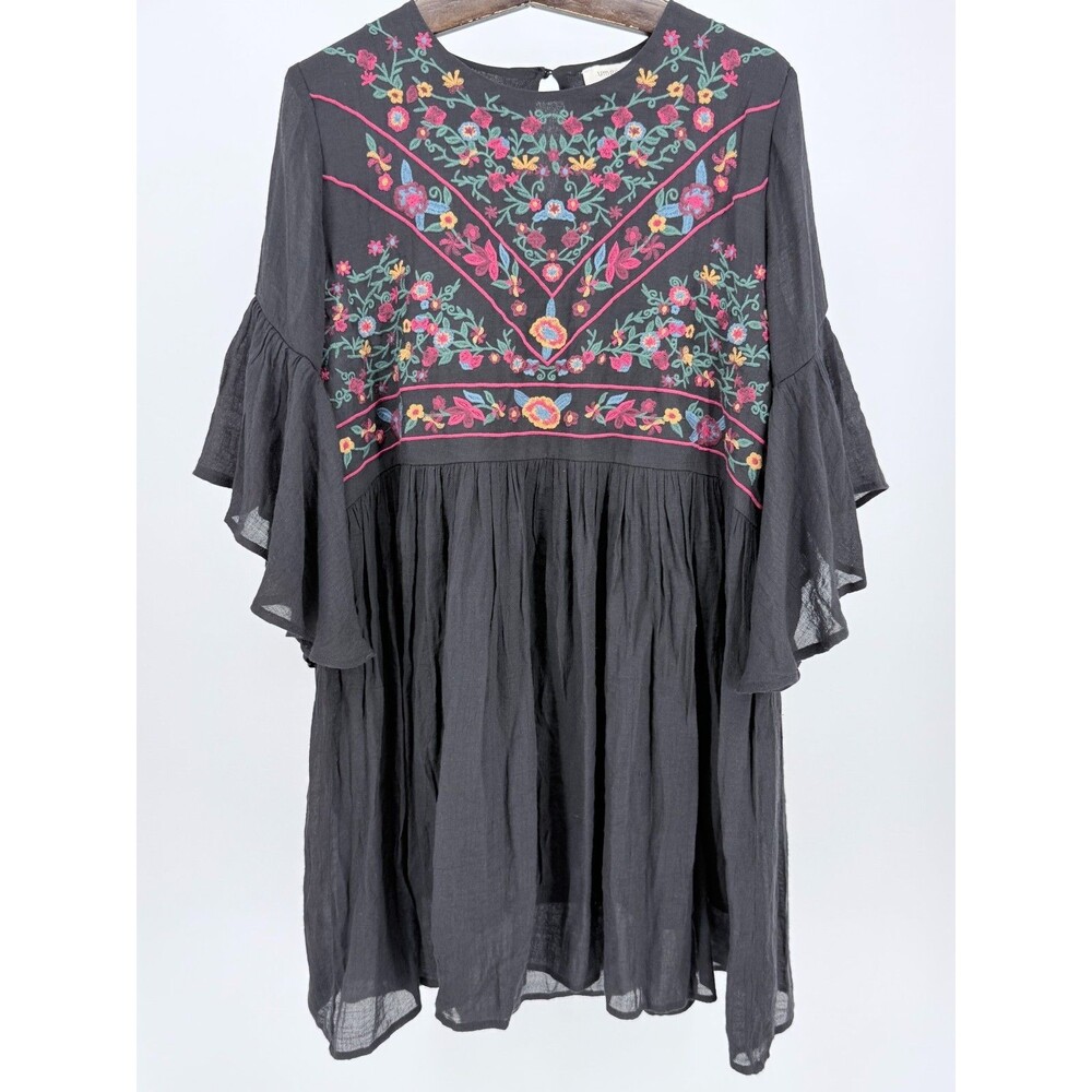 Boho Embroidered Babydoll Dress Black Cottagecore Flowy Fairy Style S - Picture 12 of 16